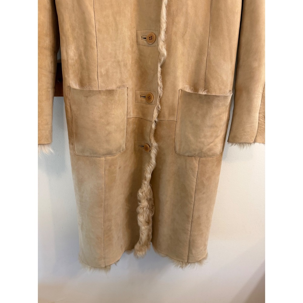Sundance Catalog Archival M Tan Suede Leather Shearling Fur Long Coat Boho - Picture 4 of 11